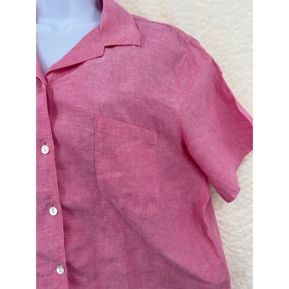 LL Bean Pink Linen Womens Large Short Sleeve Button Front Shirt Summer Vacation - Picture 7 of 10